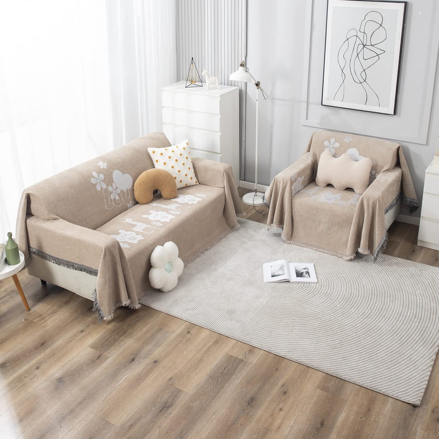 Beige Nature, Soft and Pet Friendly Chenille Sofa Cover Throw