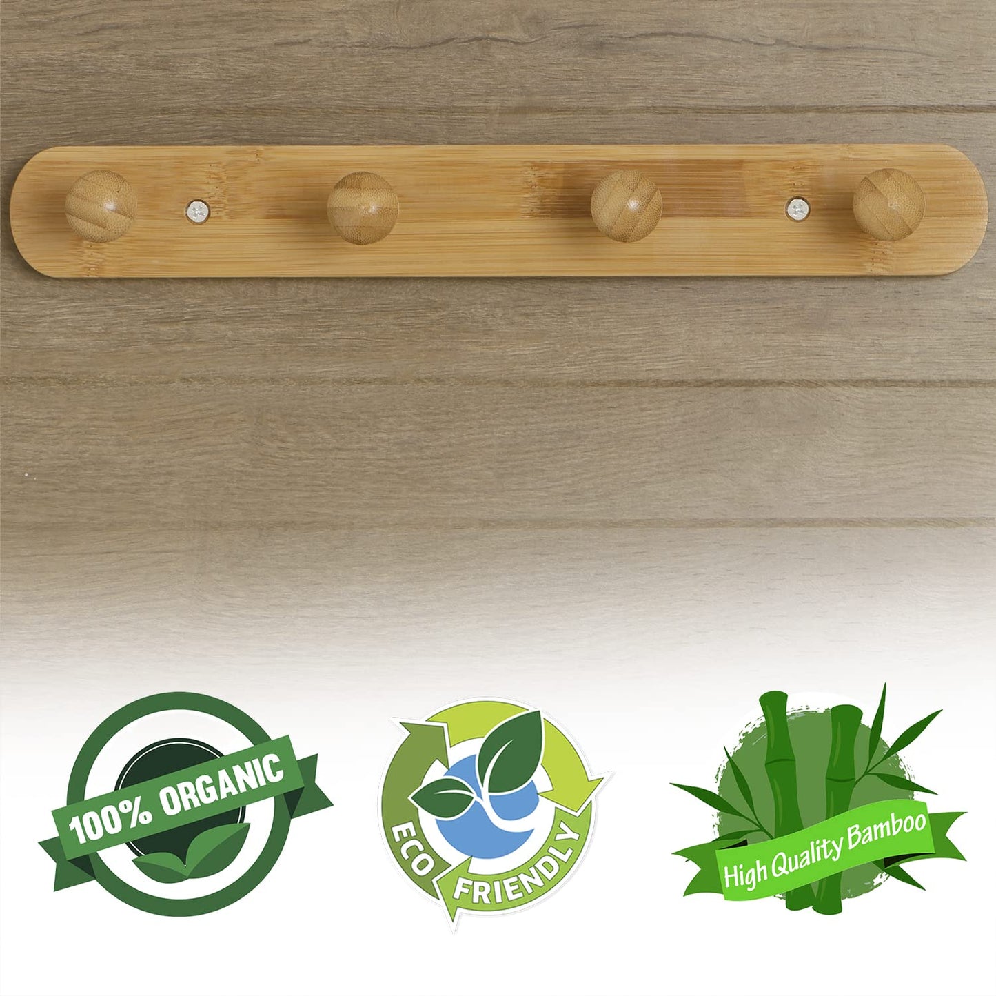 Bamboo Wooden Heavy Duty Wall Mounted Hooks for Hanging - 3/4/5 Hooks Rail