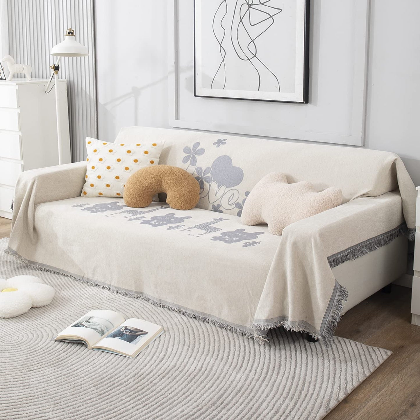 Off-White Nature, Soft and Pet Friendly Chenille Sofa Throw Cover