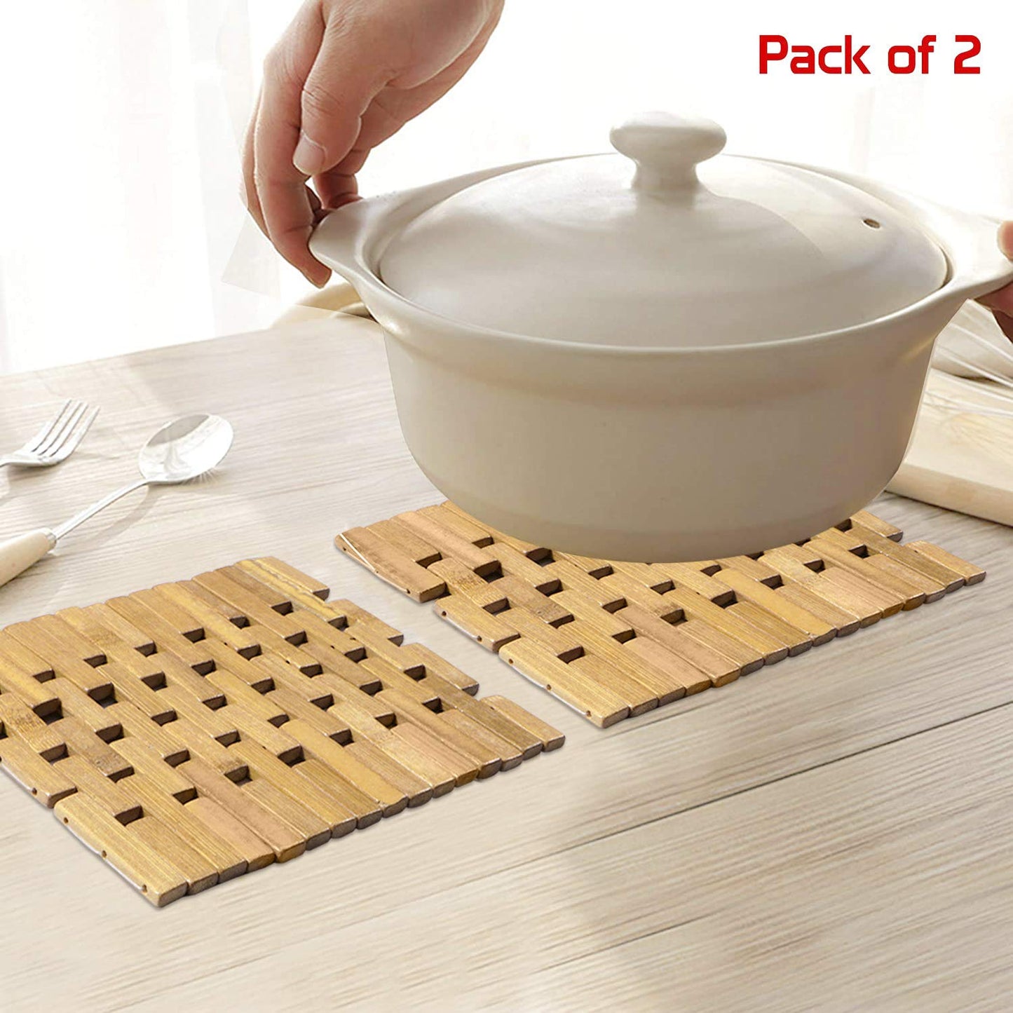 Square Bamboo Coaster Heat Pad, Pan Pot Holder, 17 x 17 cm, Pack of 2/4