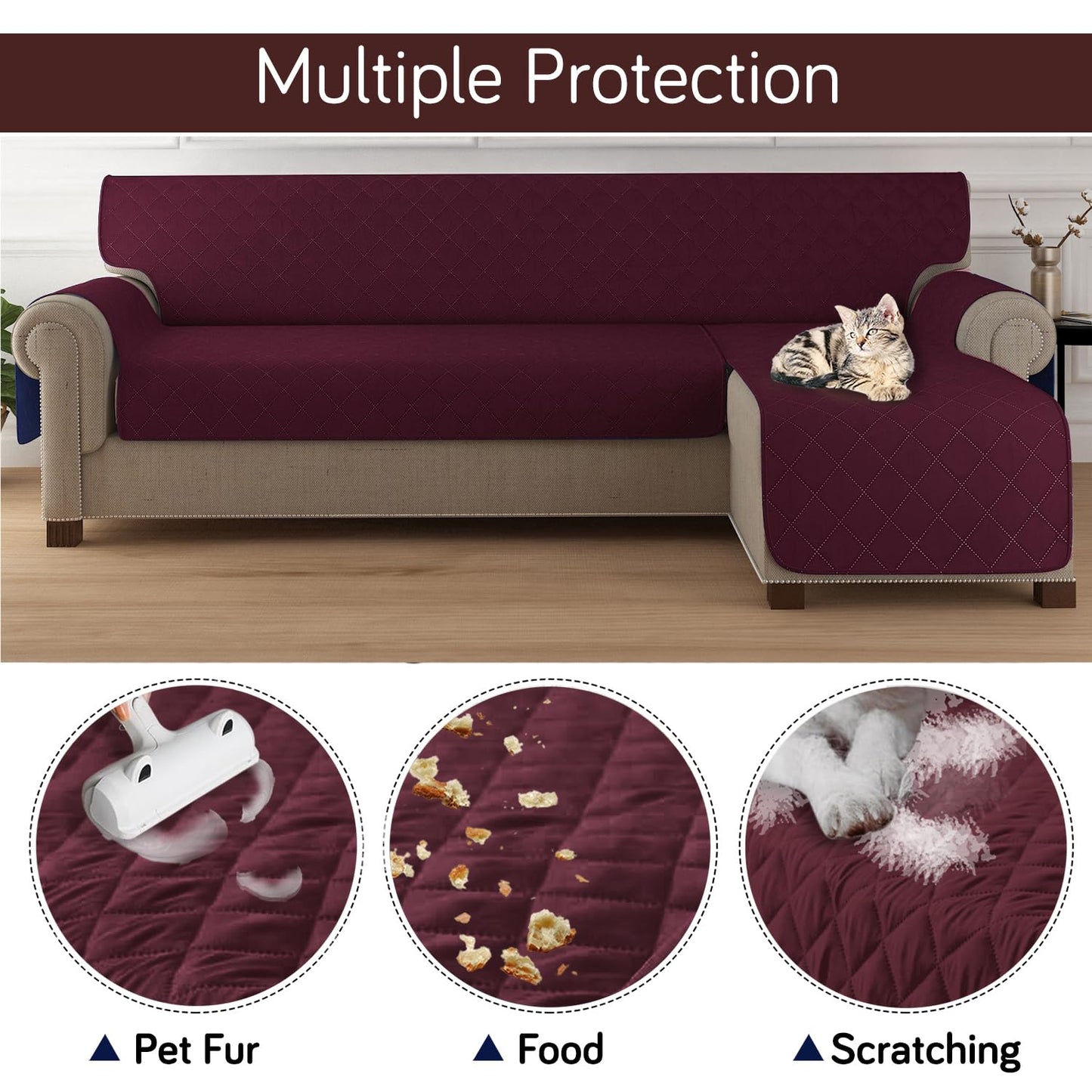 Quilted Reversible One Piece L Shape 4/5/6 Seater Sofa Cover Mat, Burgundy