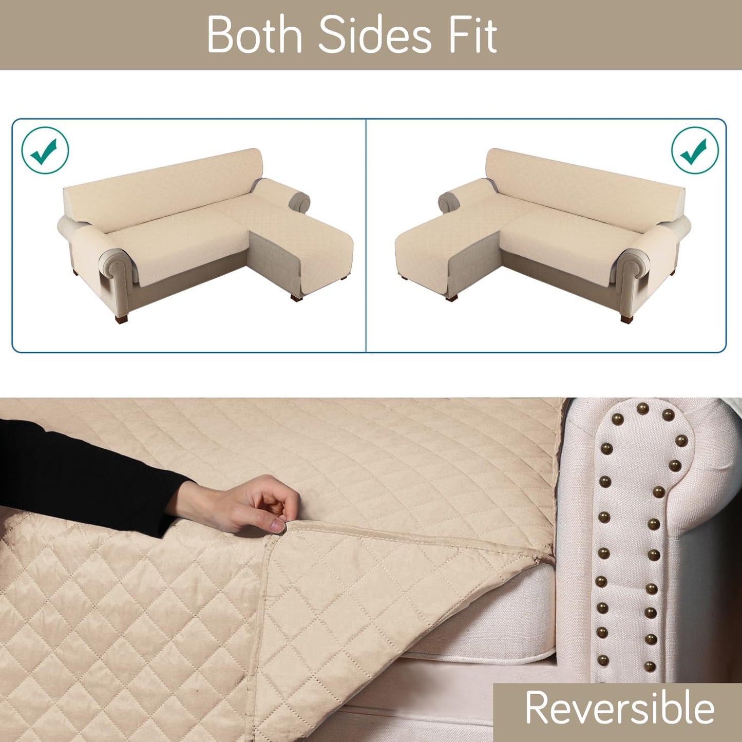 HOKIPO Quilted Reversible One Piece L Shape 4/5/6 Seater Sofa Cover Mat, Beige
