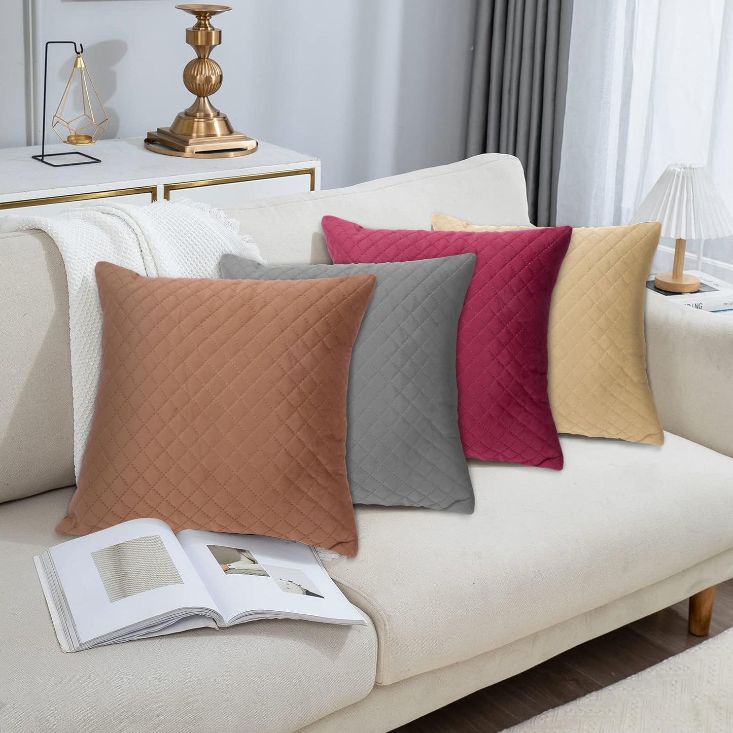 Quilted Velvet Sofa Cushion Cover Pack of 2, Natural Beige