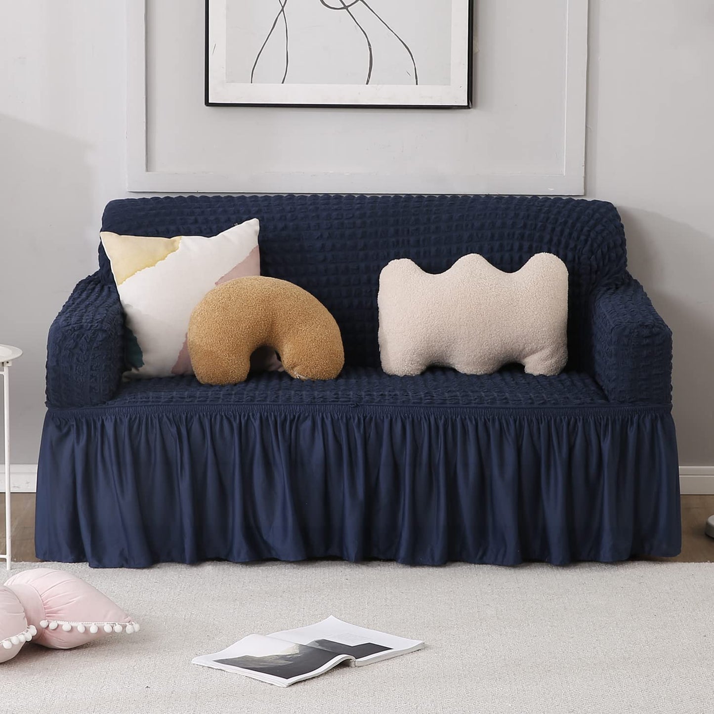 Navy Blue Elastic Turkish Bubble Frill two seater sofa cover