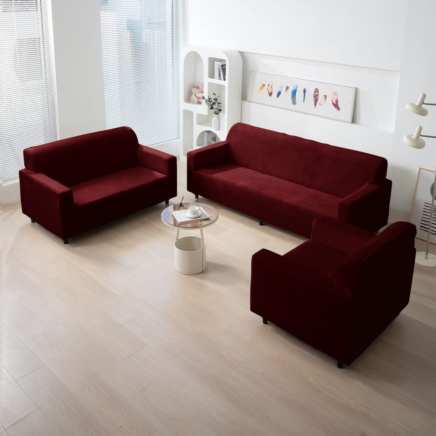 Elastic Stretchable Premium Velvet Sofa Cover, Burgundy