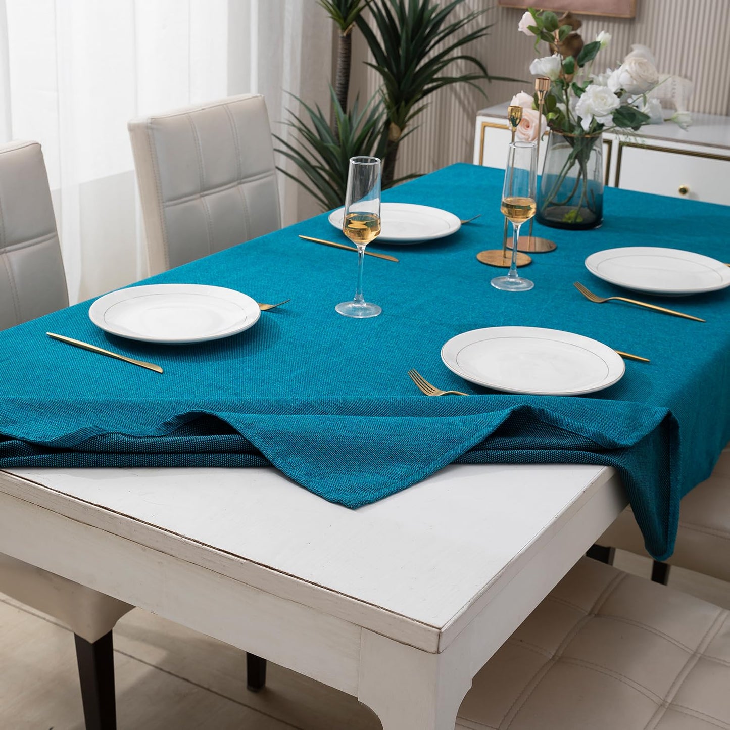 Poly Jute Dining Table Cover, Teal Blue