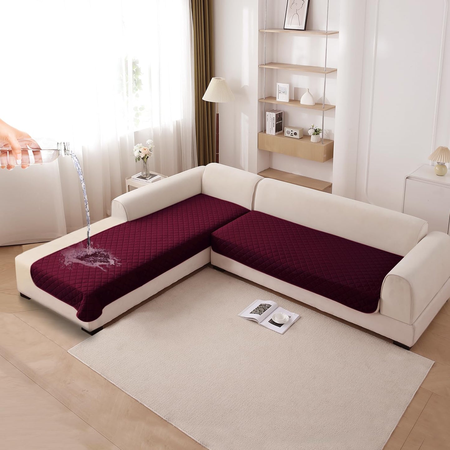HOKIPO Waterproof Quilted Quick Dry L Shape Sofa Seat Cover Mat, Burgundy