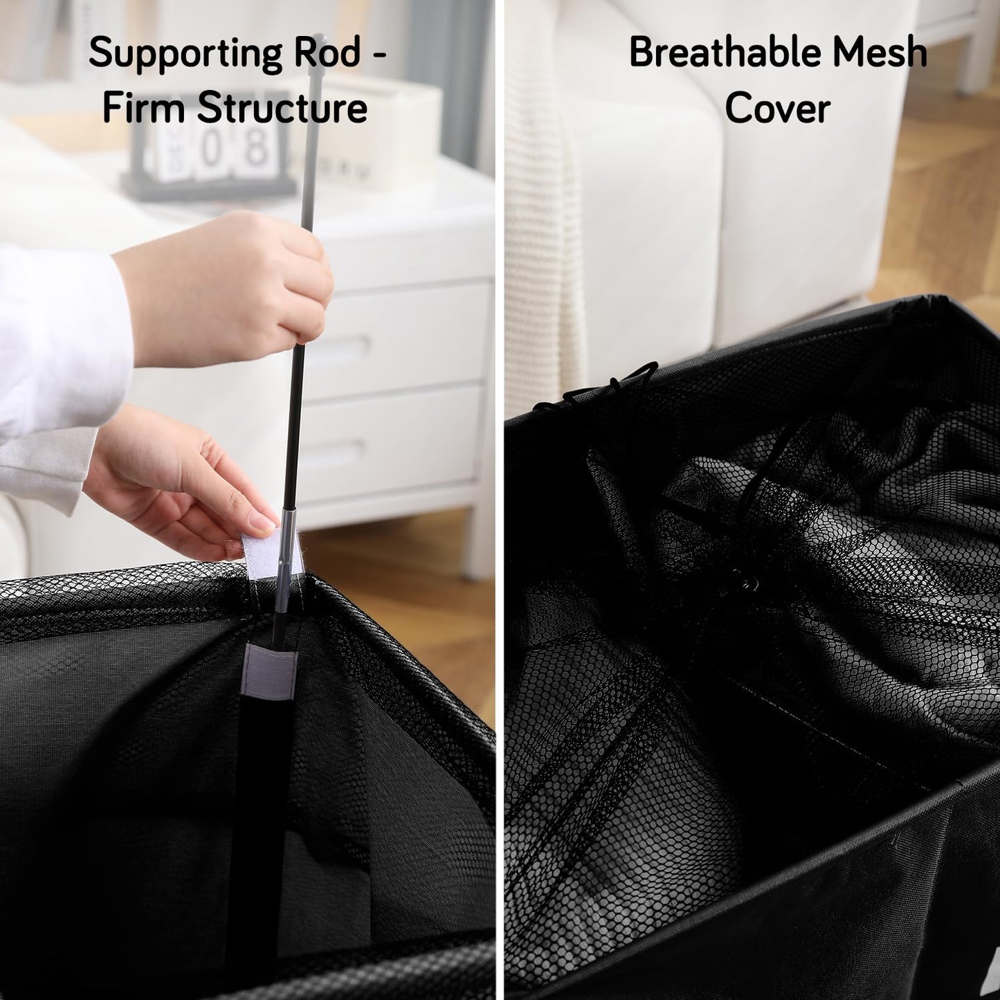 Large Laundry Basket Foldable Hamper With Wheels, Black