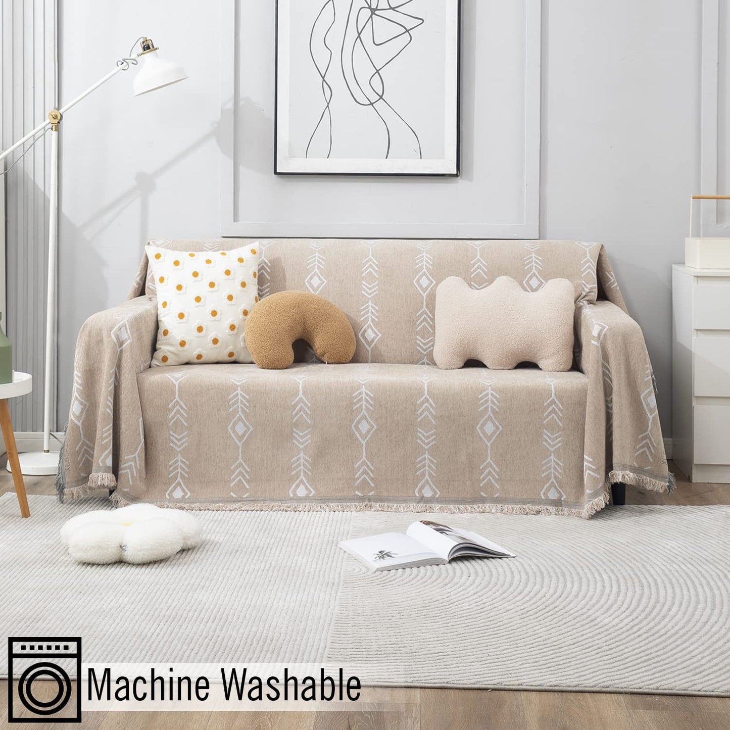 Beige Aztec, Thick, Soft and Pet Friendly Chenille Sofa Cover Throw