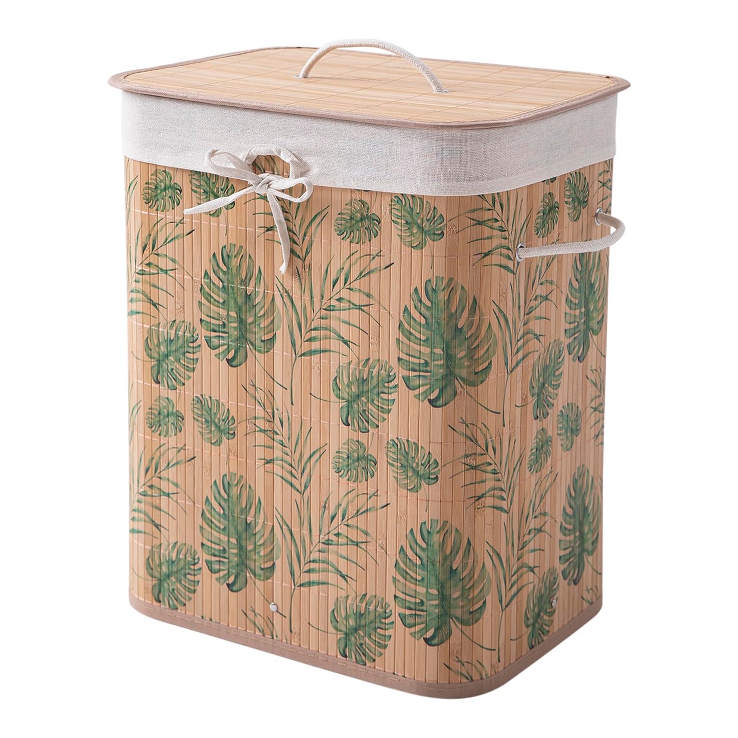 Eco-Friendly Foldable Bamboo Laundry Basket Hamper with Lid, Large - 60 Liter, Tropical Leaves
