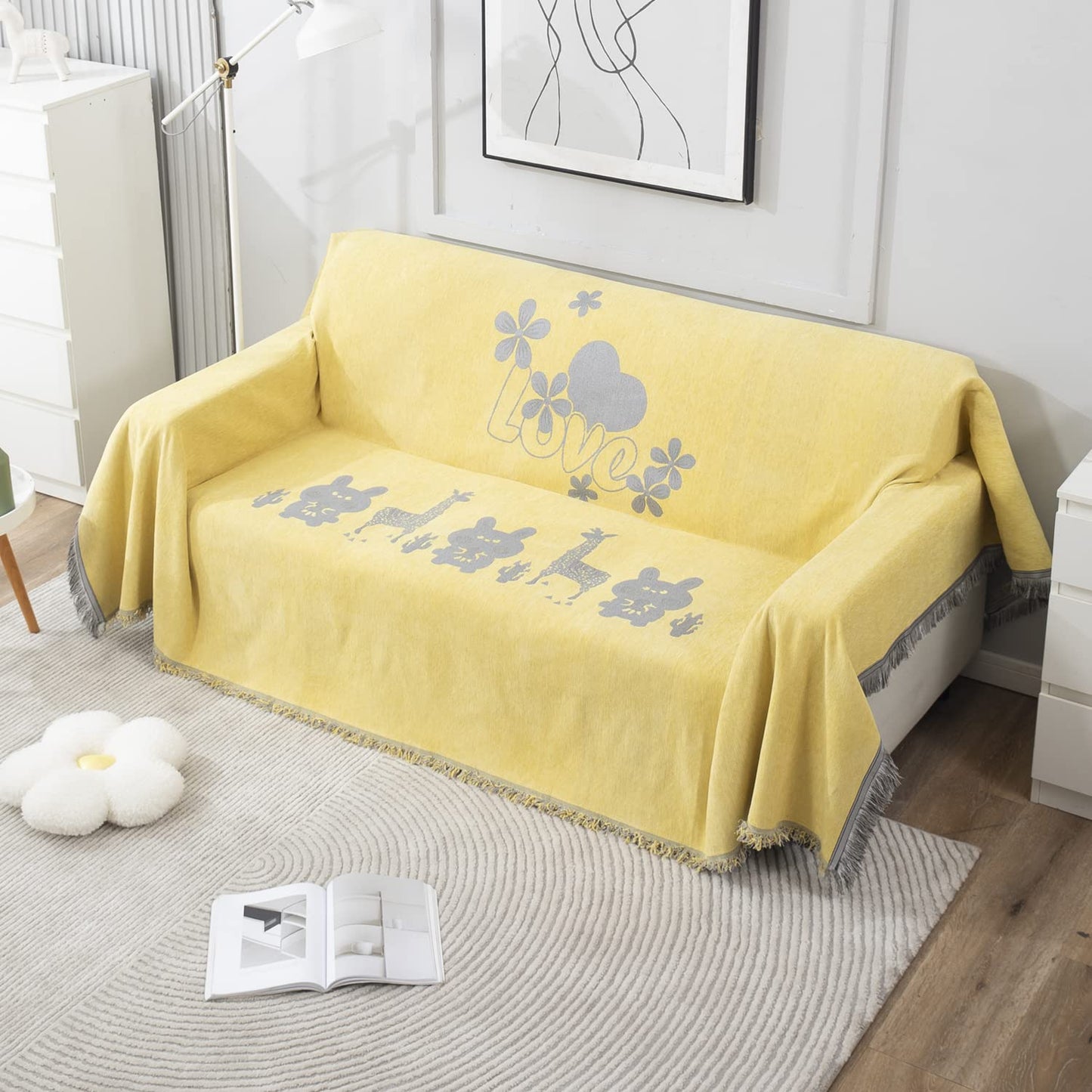 Yellow Nature Chenille Sofa Throw Blanket | 1/2/3 Seater Couch Throw