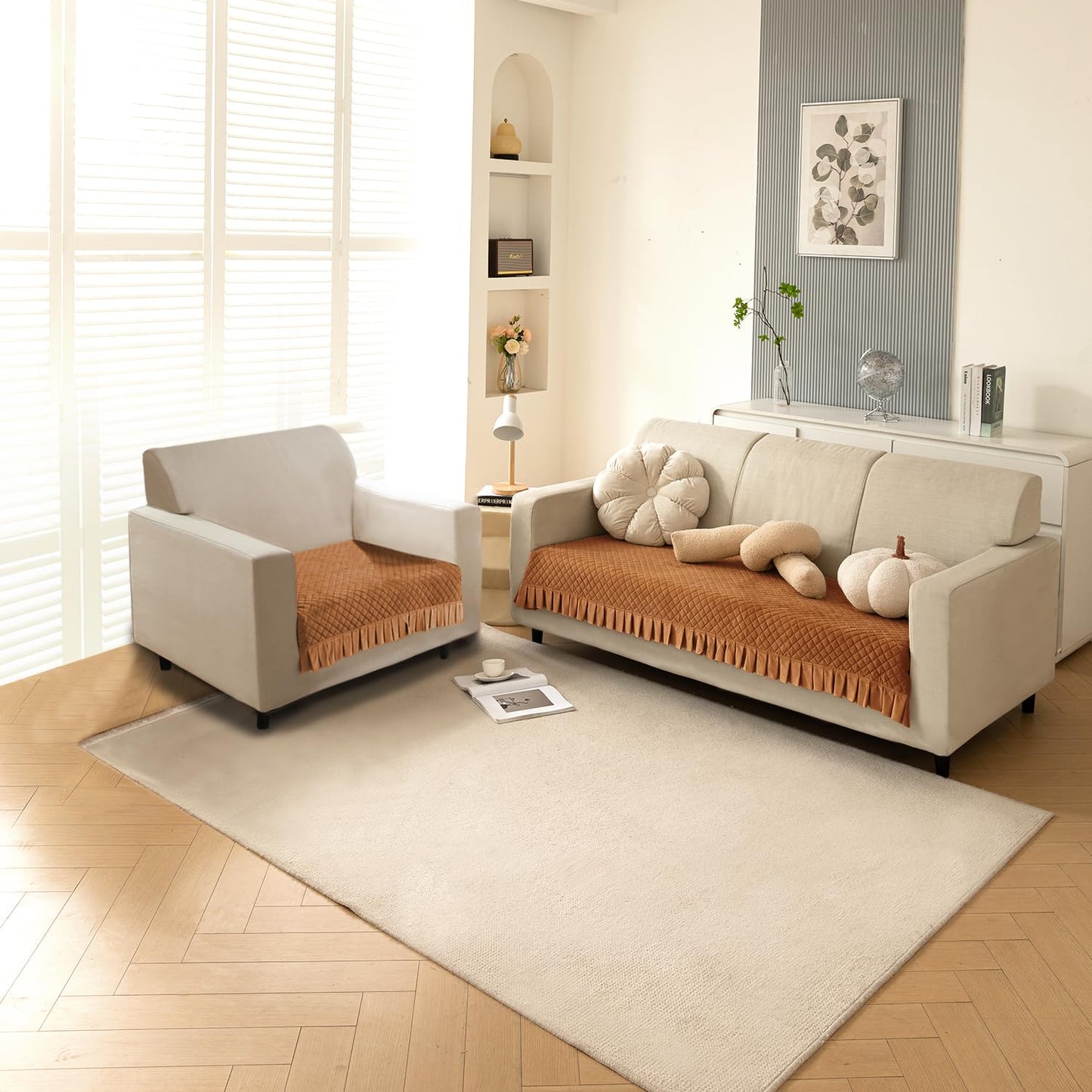 Holland Velvet Sofa Cover Seat Mat with Frill for 1/2/3 - Seater, Copper