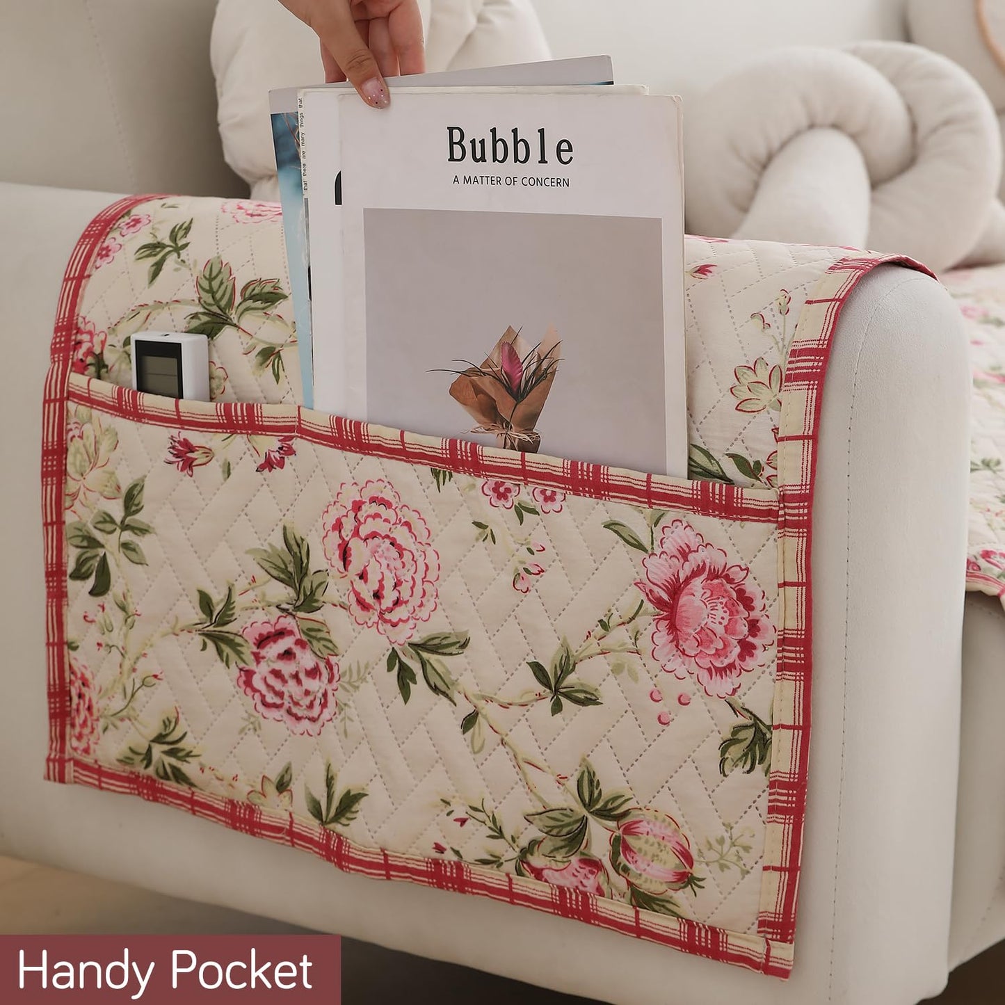 Quilted Sofa Seat Mat for 1/2/3 Seater with 2 Armrest Covers with Pockets,Beige Peonies