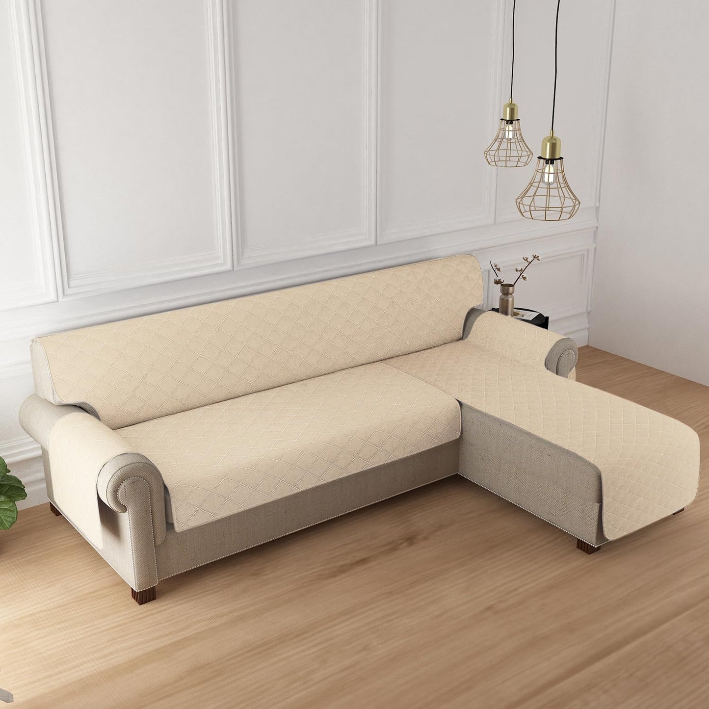 HOKIPO Quilted Reversible One Piece L Shape 4/5/6 Seater Sofa Cover Mat, Beige