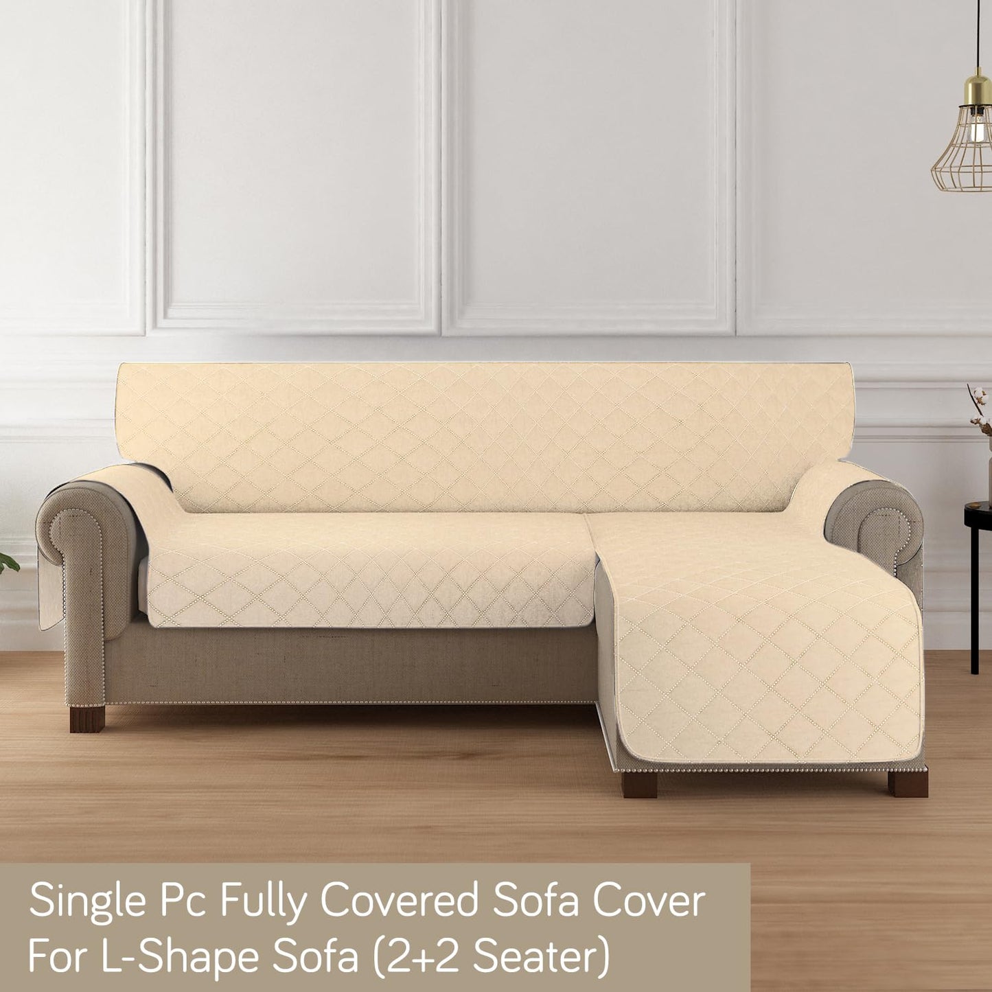 HOKIPO Quilted Reversible One Piece L Shape 4/5/6 Seater Sofa Cover Mat, Beige