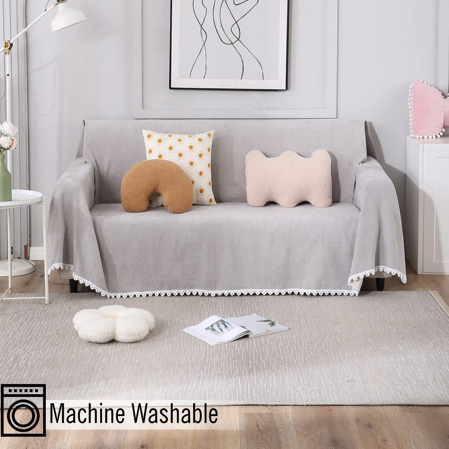 Grey chenille sofa throws, machine washable, & available for 1, 2, 3 seater sofas