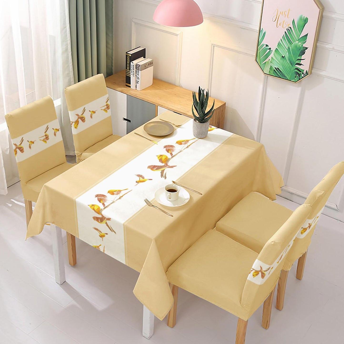 Polyester Dining Chair Covers Set of 4/6 with Matching Tablecloth, Chirping Birds Beige
