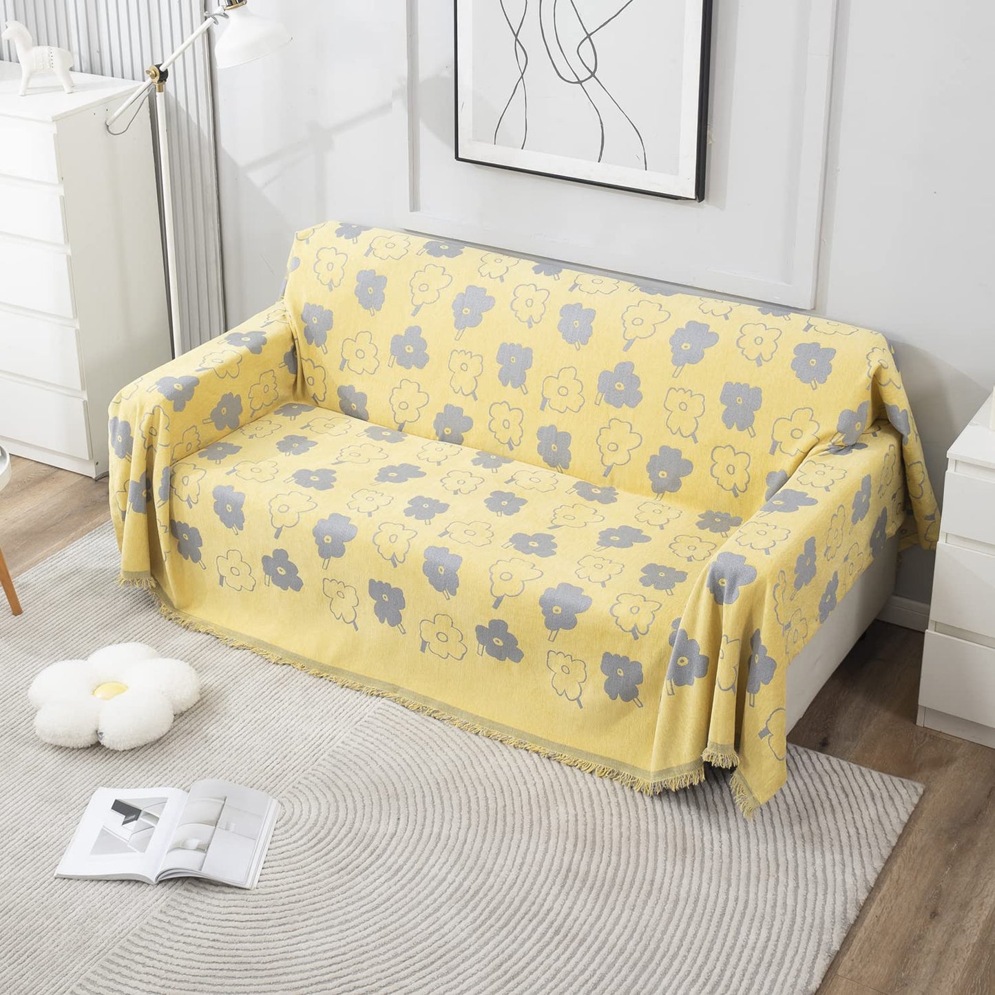 Thick, Soft and Pet Friendly Chenille Sofa Cover Throw, Yellow Floral