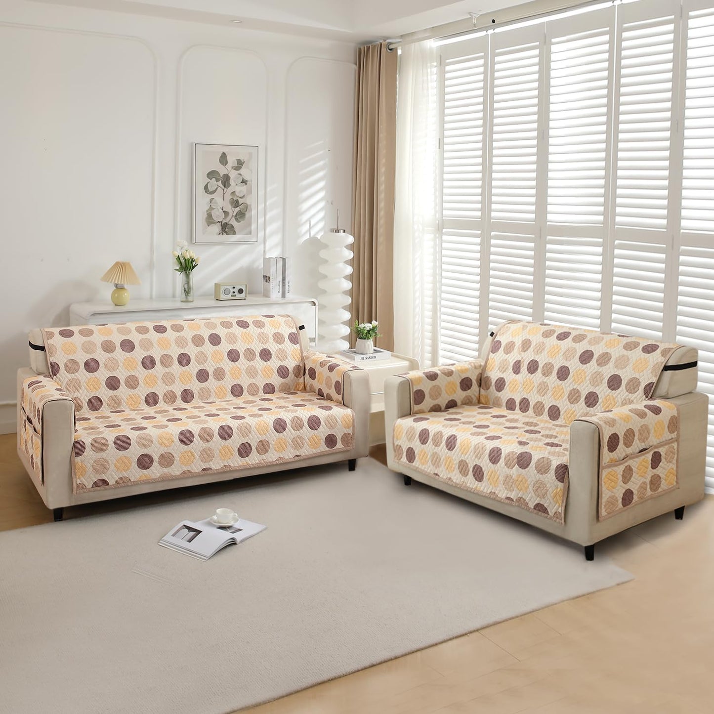 Quilted Printed Sofa Cover with Pockets, Brown Polka Dot