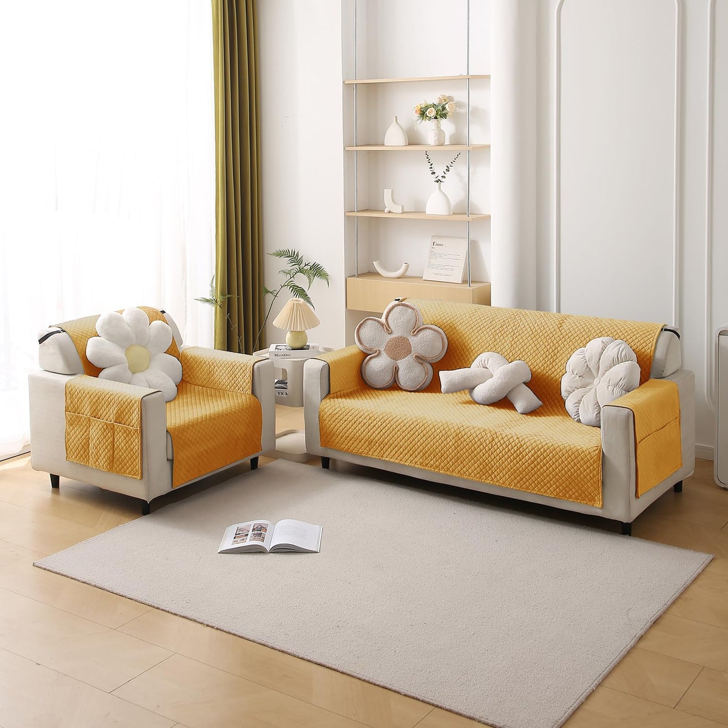 Quilted Velvet Sofa Cover Mat with Side Pockets, Pet Friendly, Mustard Yellow