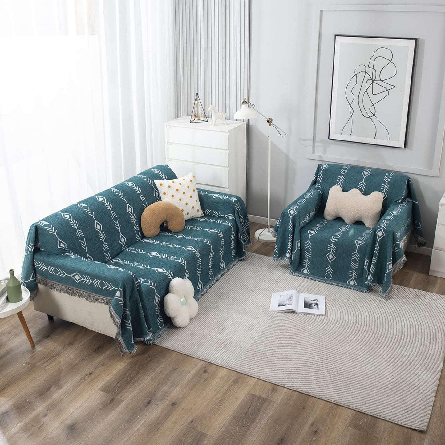 Thick, Soft and Pet Friendly Chenille Sofa Cover Throw, Teal Aztec