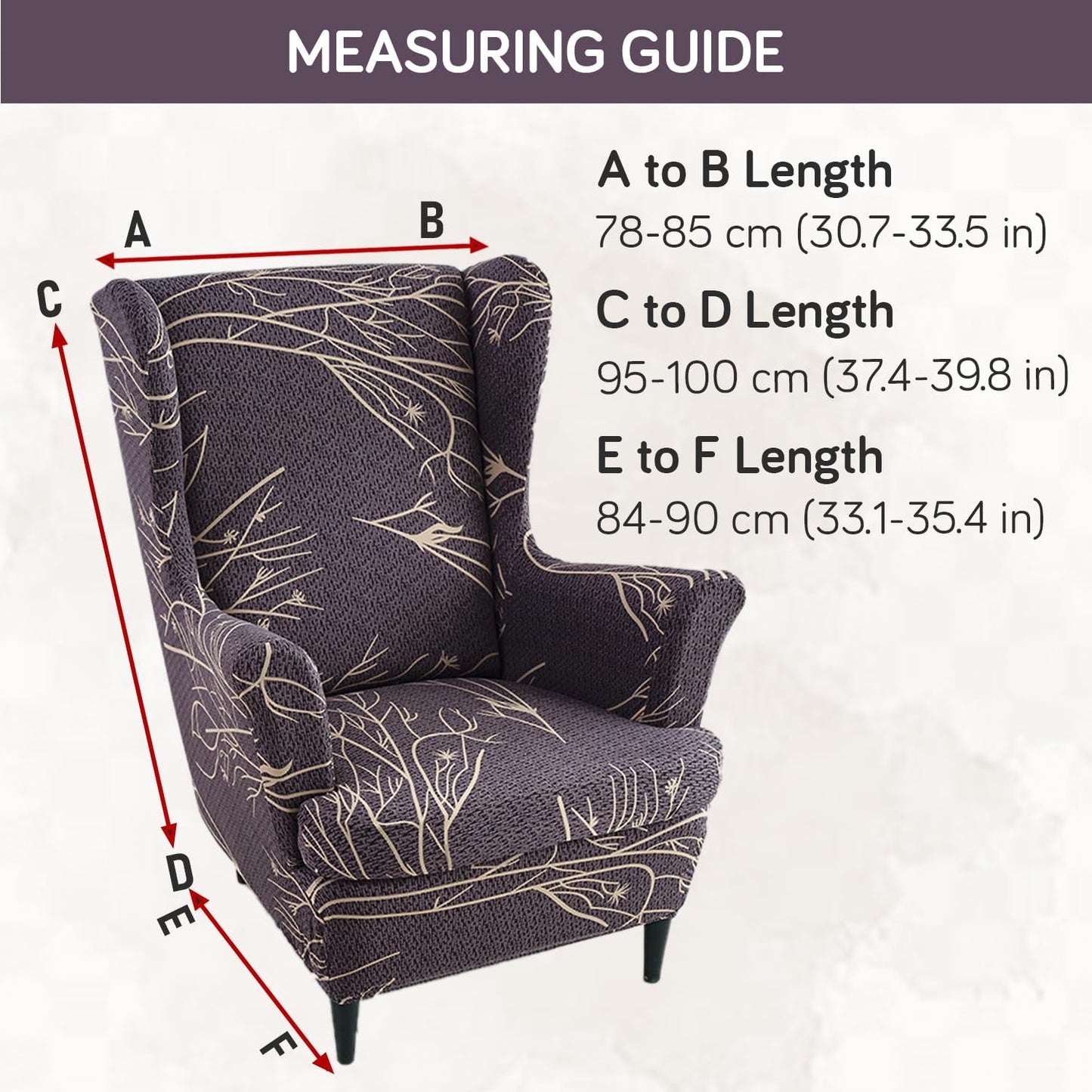 Dark Coffee Twigs Stretchable Chair Cover for Wingback Chair size guide