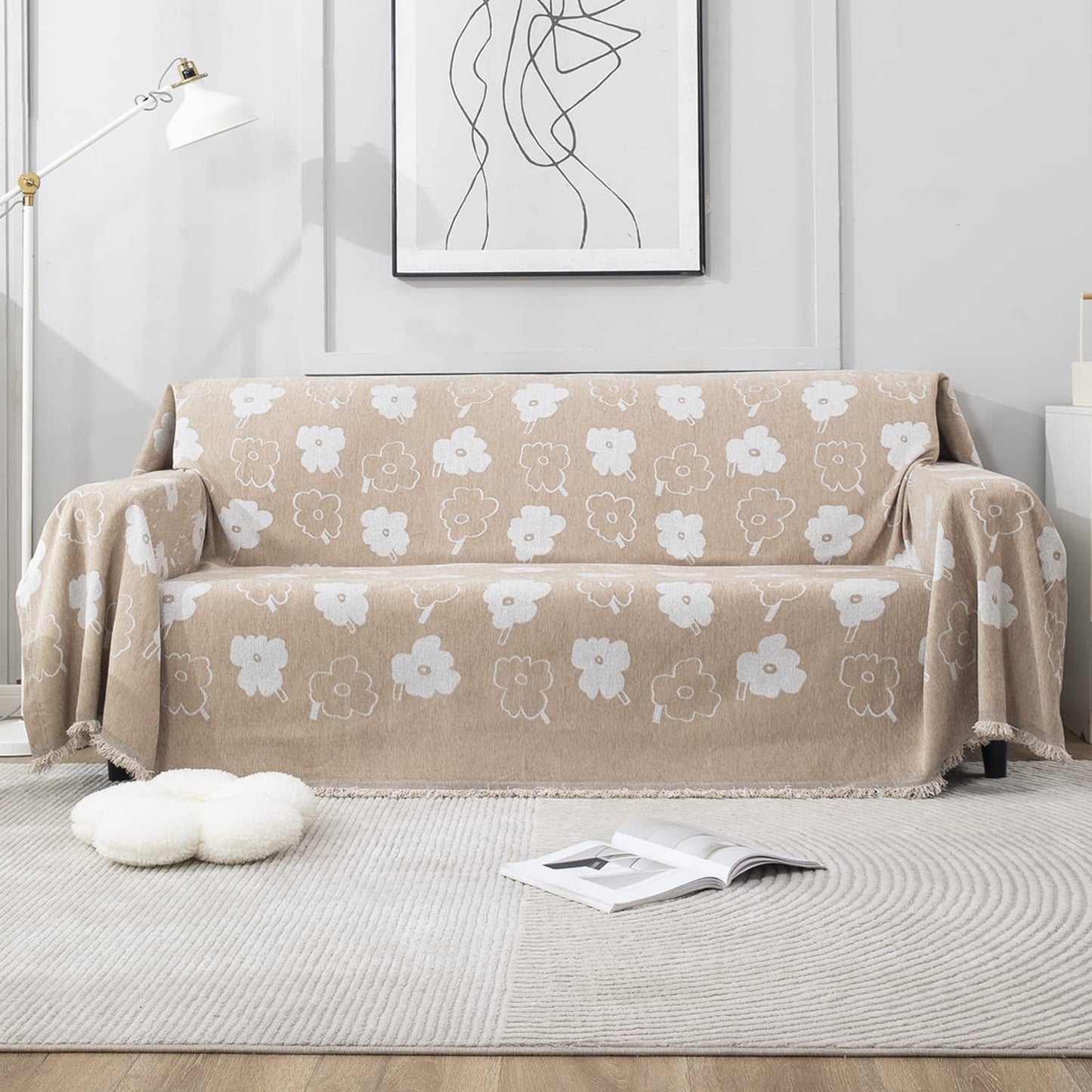 Beige Floral, Thick, Soft and Pet Friendly Chenille Sofa Cover Throw