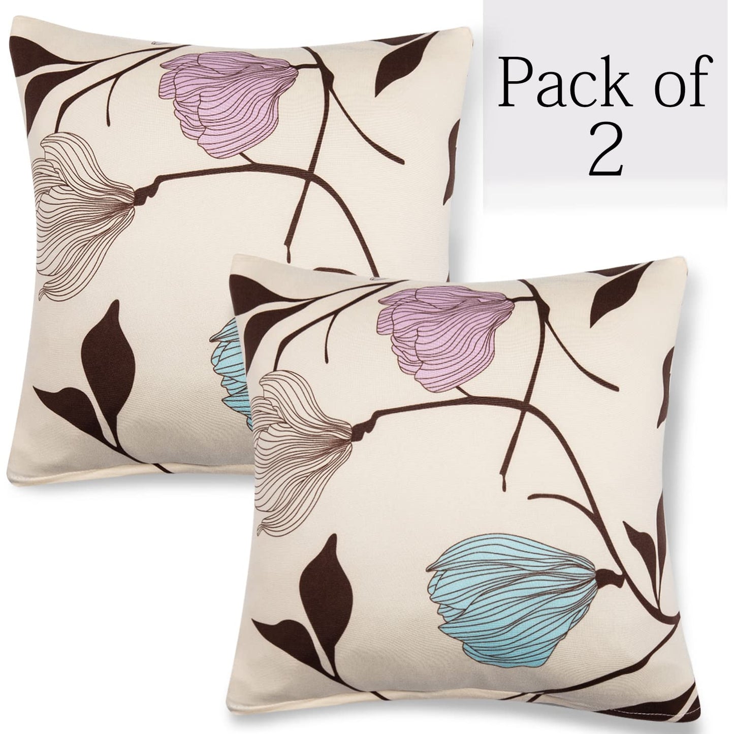 Beige Brown Leaves Floral Print 16 by 16 zippered square sofa cushion covers Set of 2
