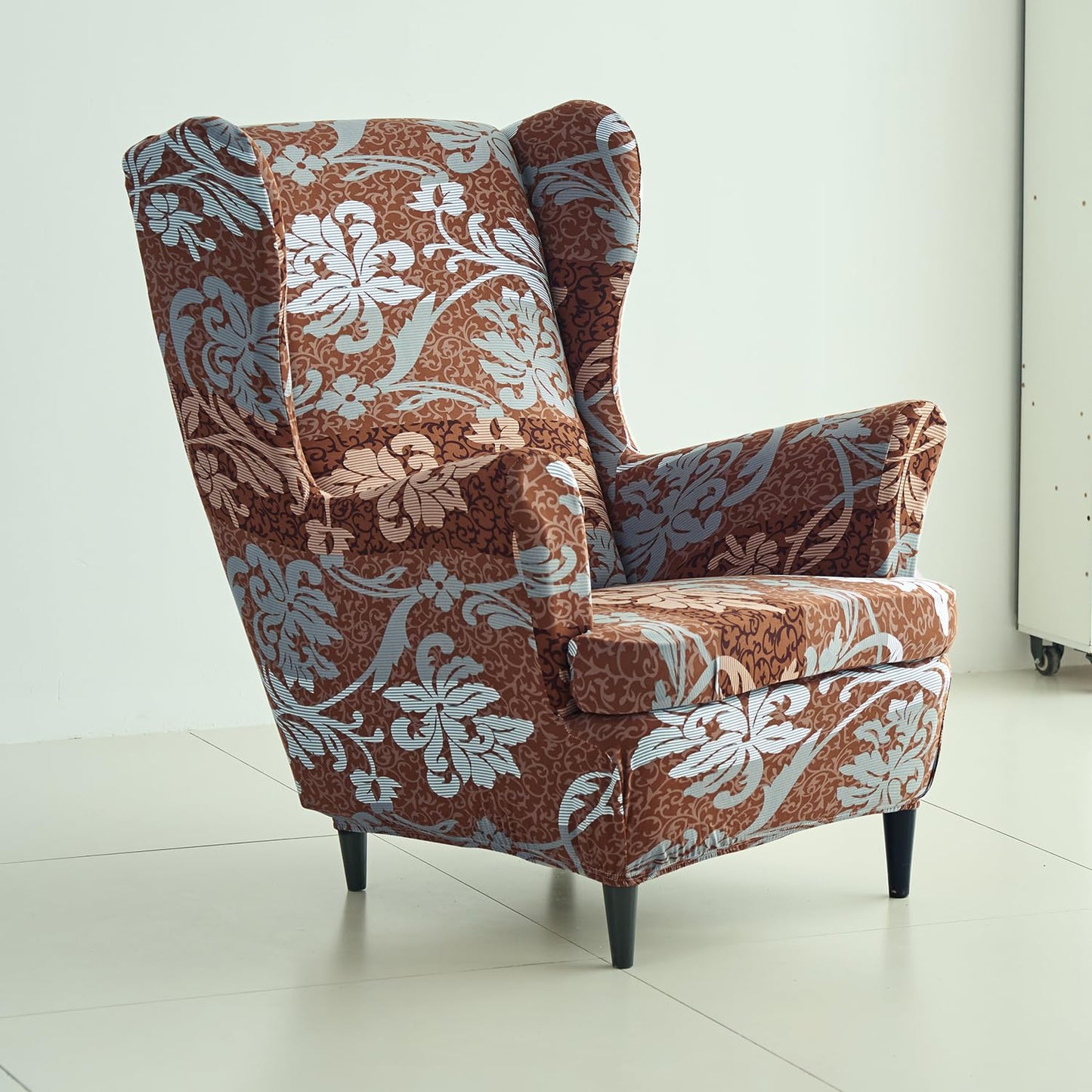 Rich Chocolate Damask Floral Elastic Chair Covers for Wingback Chairs