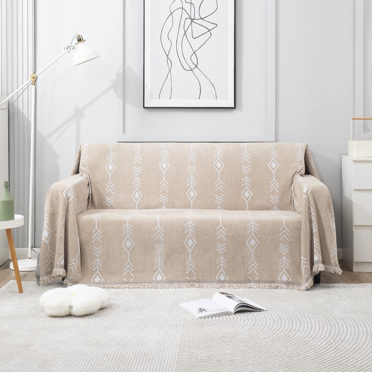 Beige Aztec, Thick, Soft and Pet Friendly Chenille Sofa Cover Throw