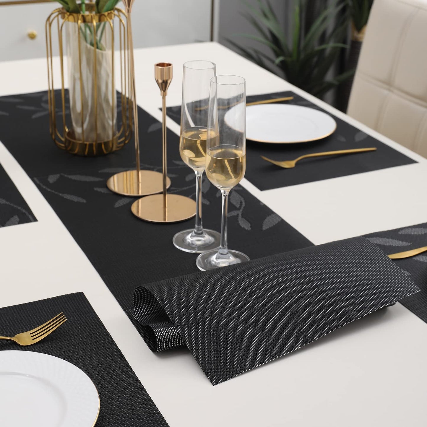 PVC Dining Table Mats, Black Leaves