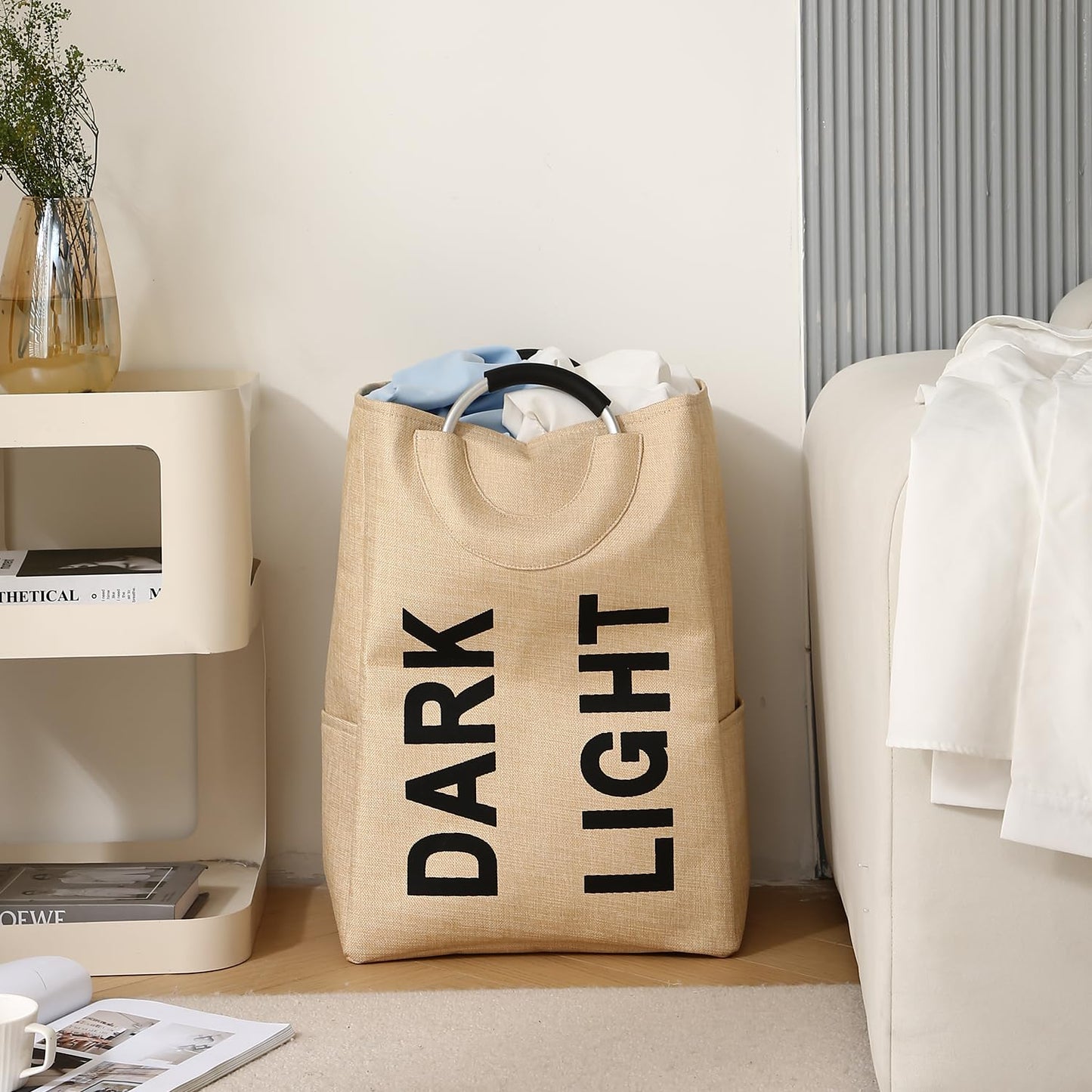 Folding Laundry Bag for Clothes Hamper Basket, Collapsible Storage Basket, Beige