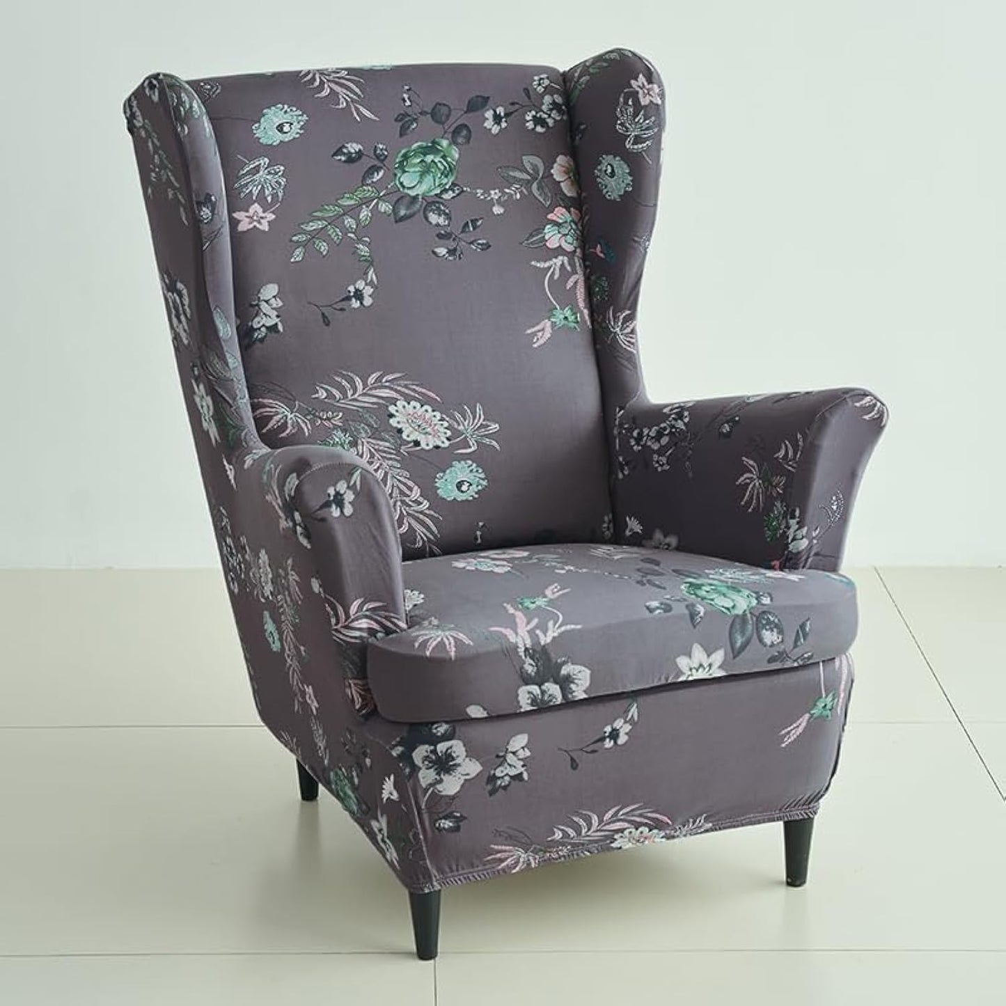 Stretchable 140 GSM Wing Chair Cover, Bentonite Grey Budding Florals