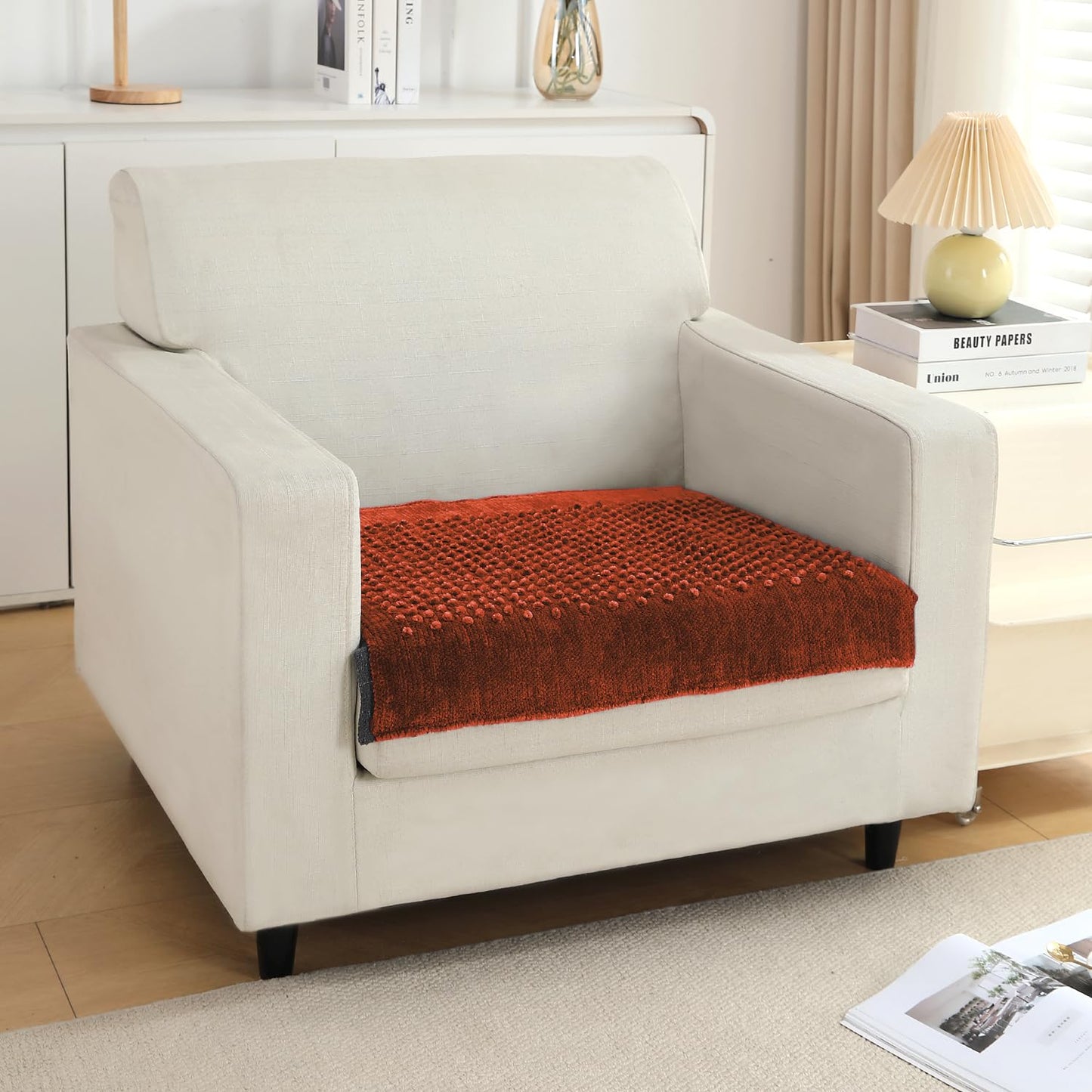 Handloom Made Thick Poly Velvet Reversible Sofa Mat for 1/2/3 Seater, Rust Brown