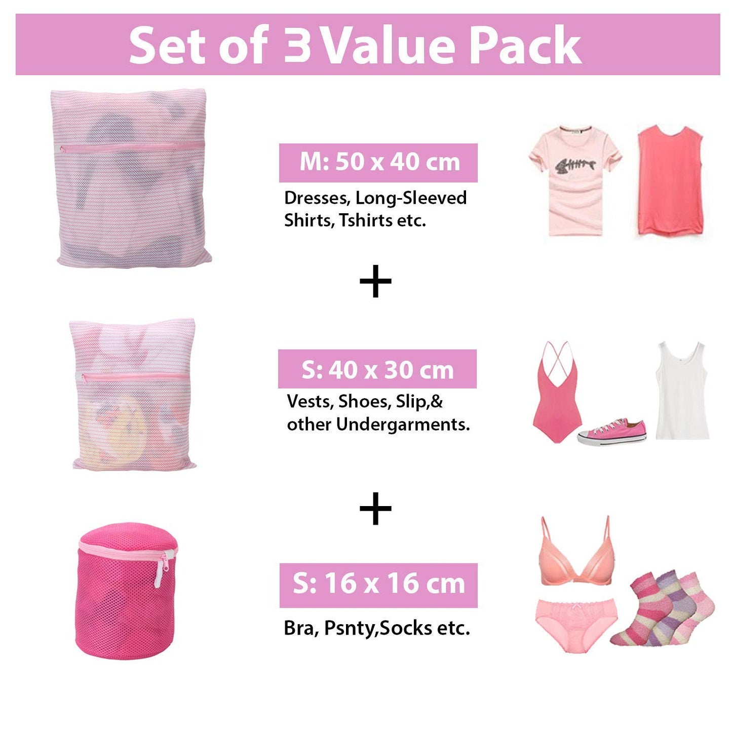 Double Layered Padded Mesh Laundry Clothes Washing Bag, Pack of 3, Pink
