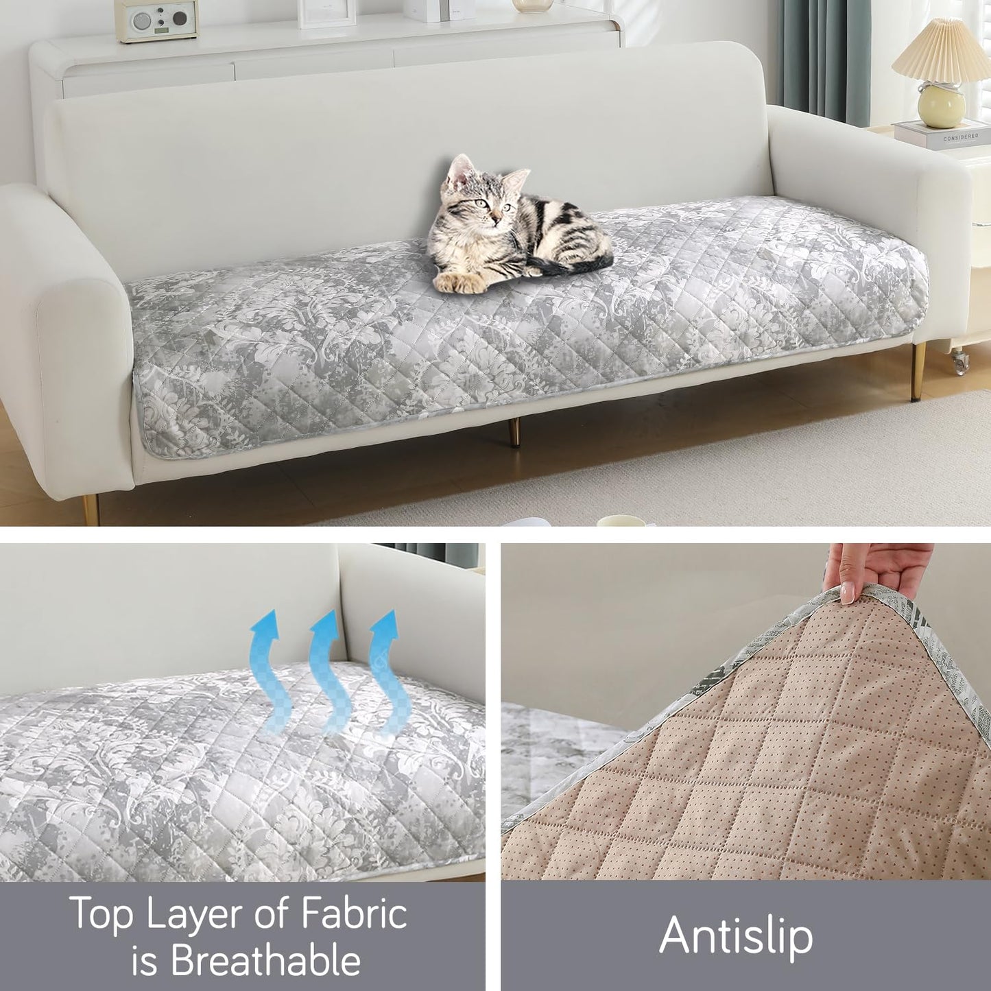 HOKIPO Quilted, Waterproof and Anti-Slip Sofa Cover Mat, Motifs Cloud Grey