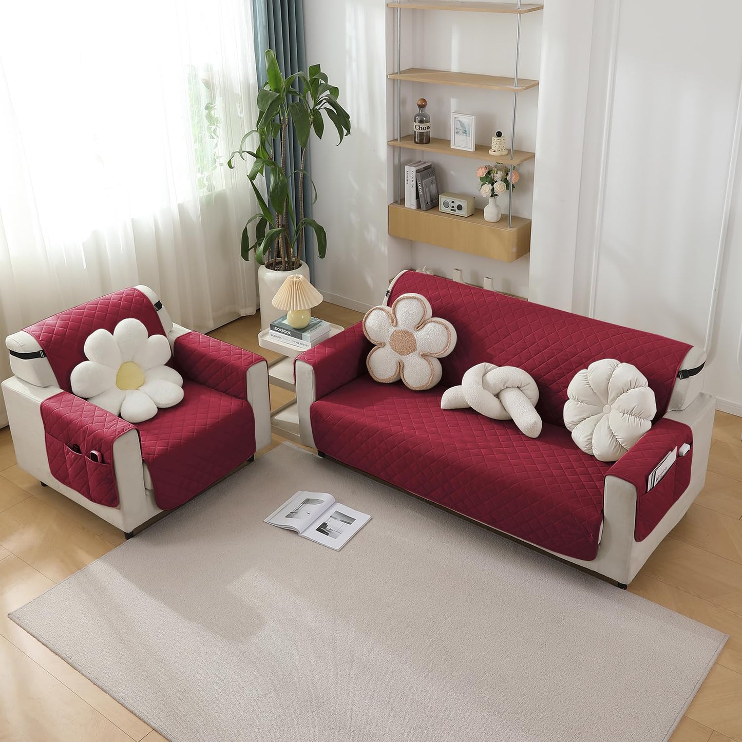 Quilted Waterproof Sofa Cover Mat with Pockets on Armrest Cover - Maroon