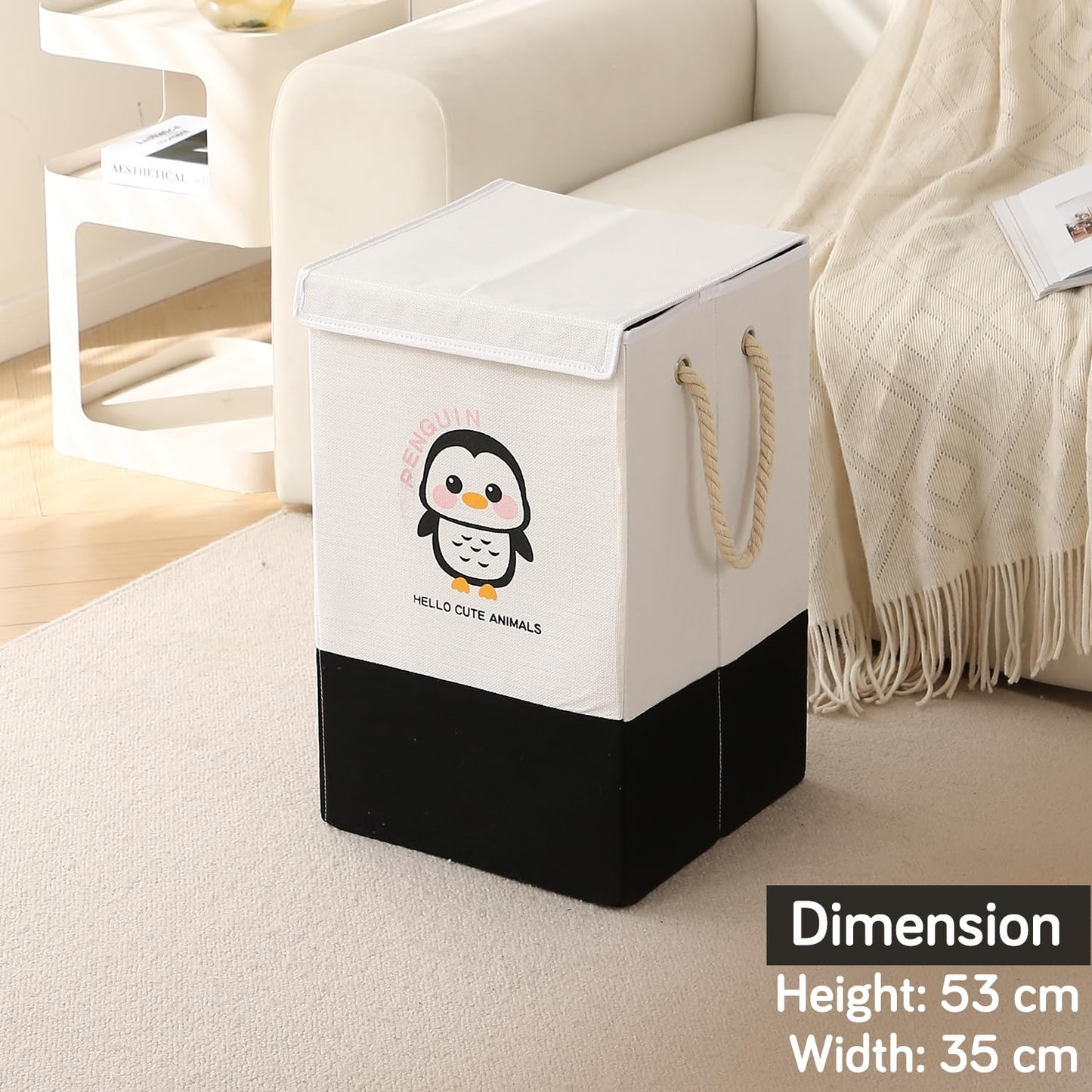 Foldable Laundry Basket for Clothes with Lid, Black - Penguin