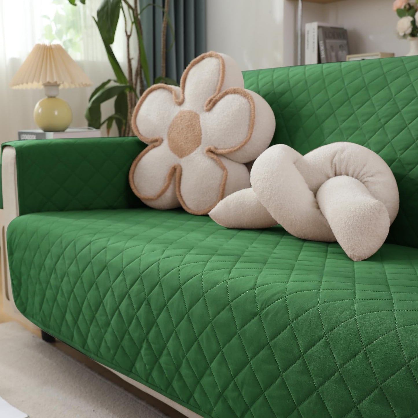 Quilted Waterproof Sofa Cover Mat with Pockets on Armrest Cover - Green