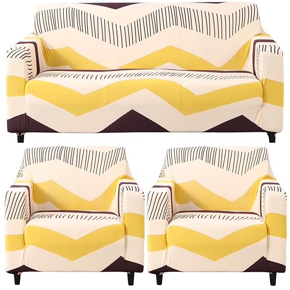 Elastic Stretchable Printed Sofa Cover, Beige Brown Chevron