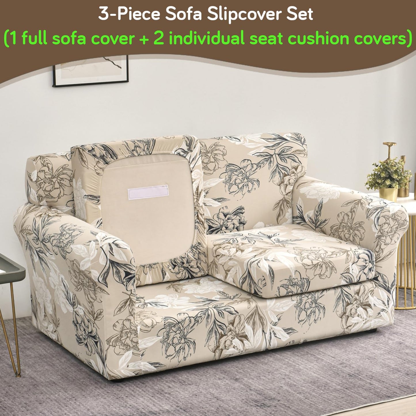 Printed Stretchable Sofa Slipcover with 1/2/3 Pc Separate Seat Cushion Cover for each 1/2/3 Seater, Beige Vintage Peony