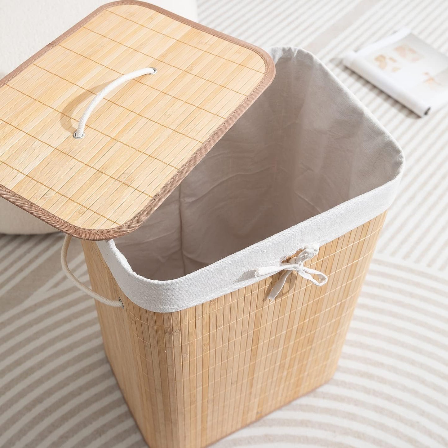 Eco-Friendly Foldable Bamboo Laundry Basket Hamper with Lid, Large - 81 Liter, Light Brown