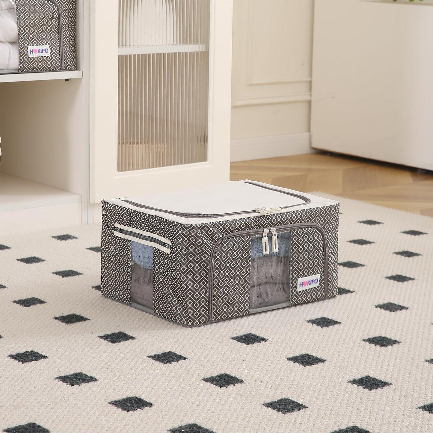 Wardrobe Organizer Storage Box | Foldable Cloth Storage Boxes with Metal Frame & Window | 600D Oxford Fabric, Charcoal Grey