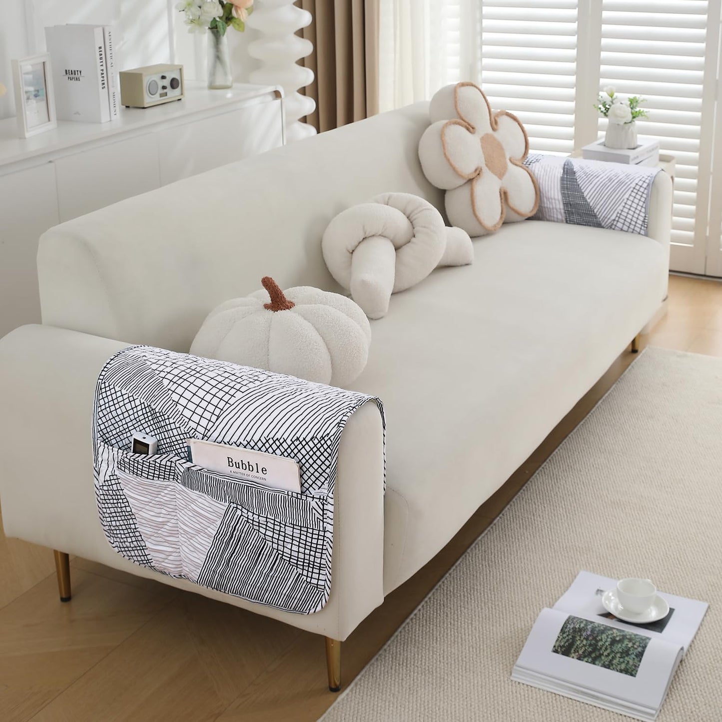 Water Repellent & Waterproof Sofa Armrest Covers with Pockets (Set of 2) - Snow White Black Geometry