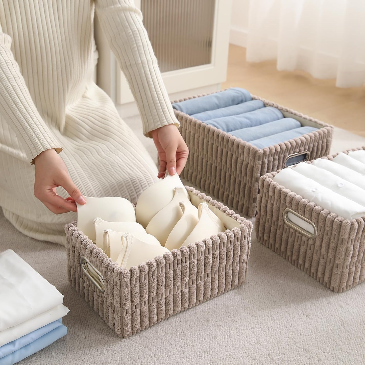 Plush Storage Organizer Baskets for Storage, Set of 3, Light Brown