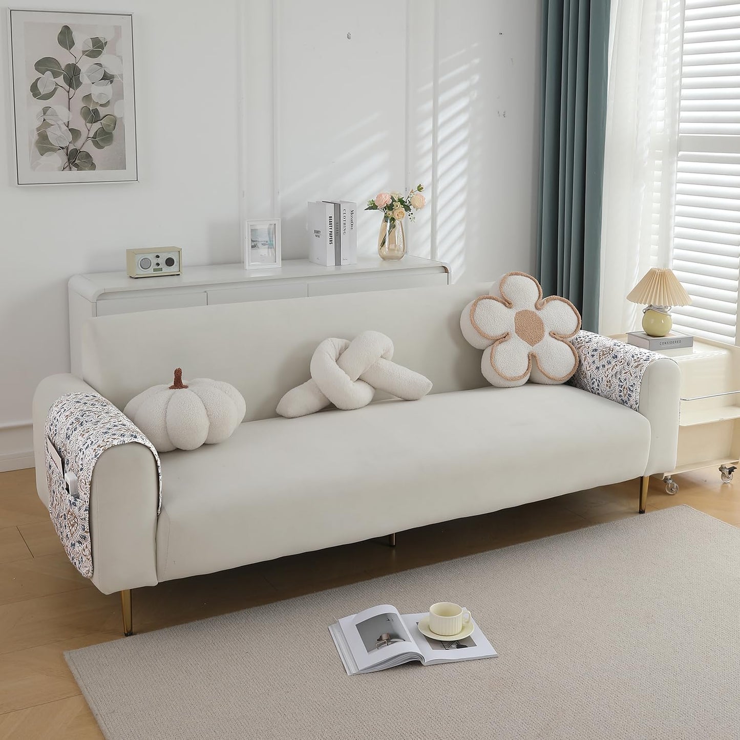 Quilted Waterproof and Anti-Slip Sofa Cover Mat, Damask White