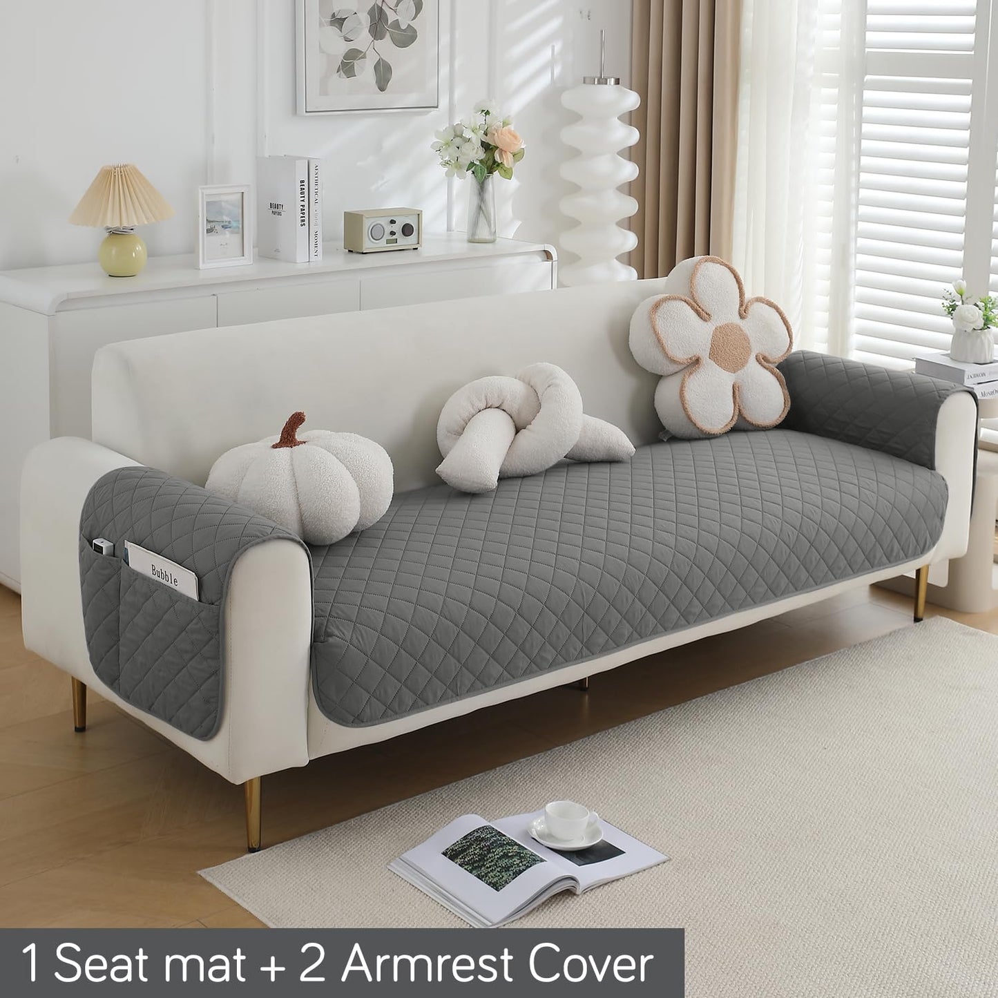 HOKIPO Quilted Waterproof Sofa Seat Mat with 2 Armrest Covers with Pockets, Light Grey