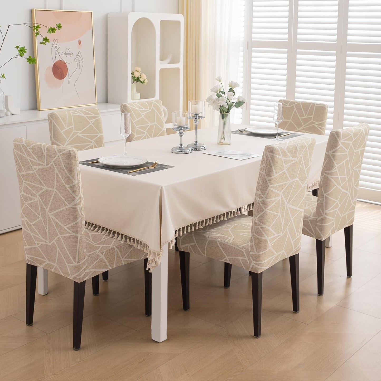Beige Abstract Geometry Print dining chair cover 6 seater
