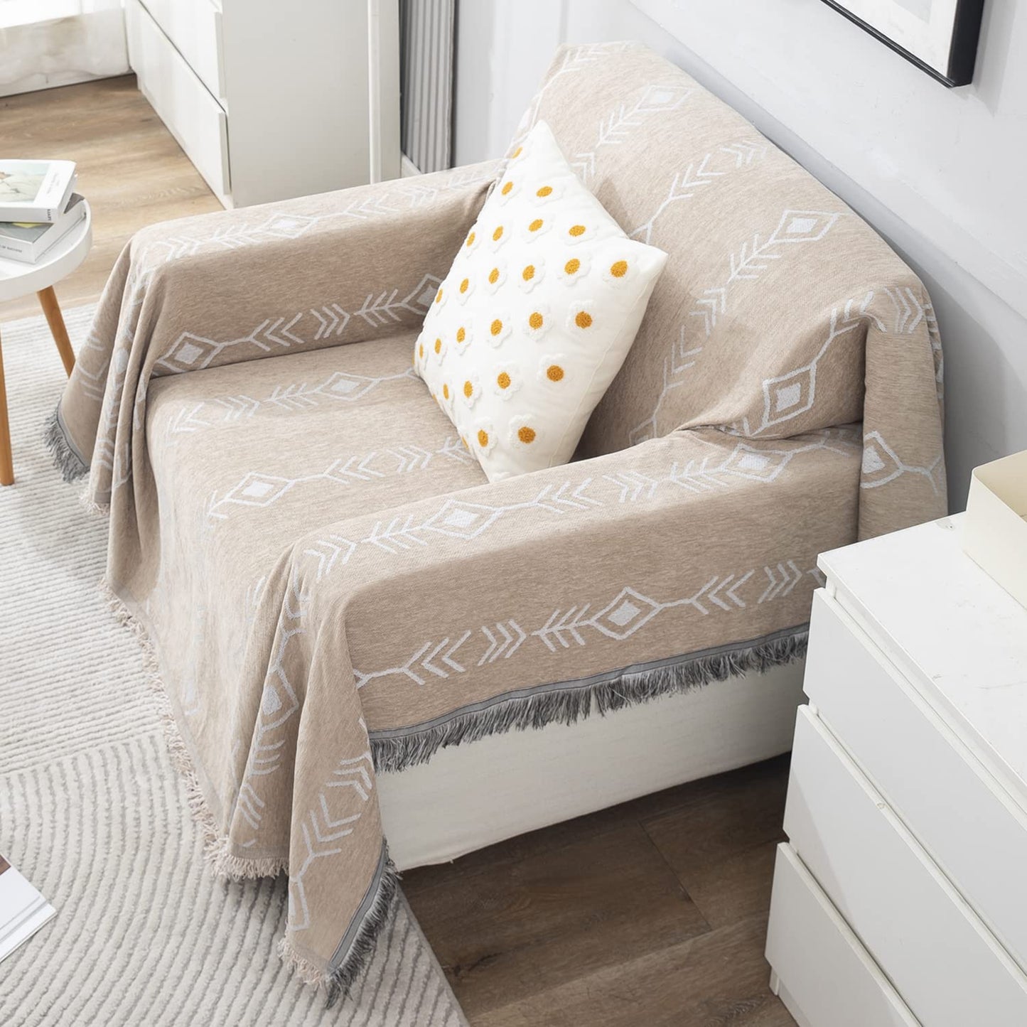 Beige Aztec, Thick, Soft and Pet Friendly Chenille Sofa Cover Throw