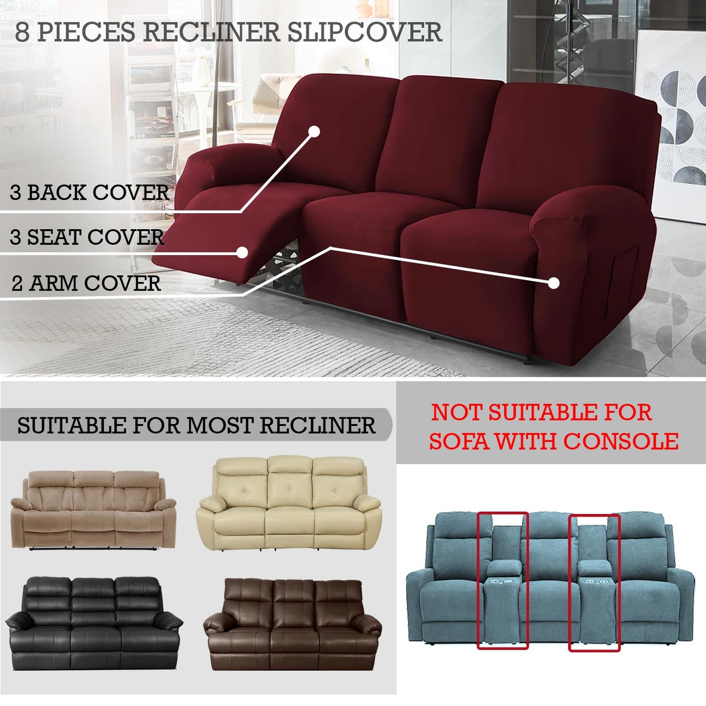 Elastic Stretchable Premium Velvet Recliner Cover, Burgundy